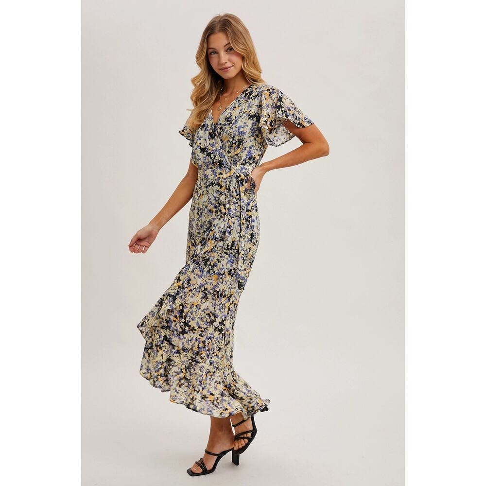 NEW Floral Print Wrap Ruffled Midi Dress LARGE - Picture 4 of 11